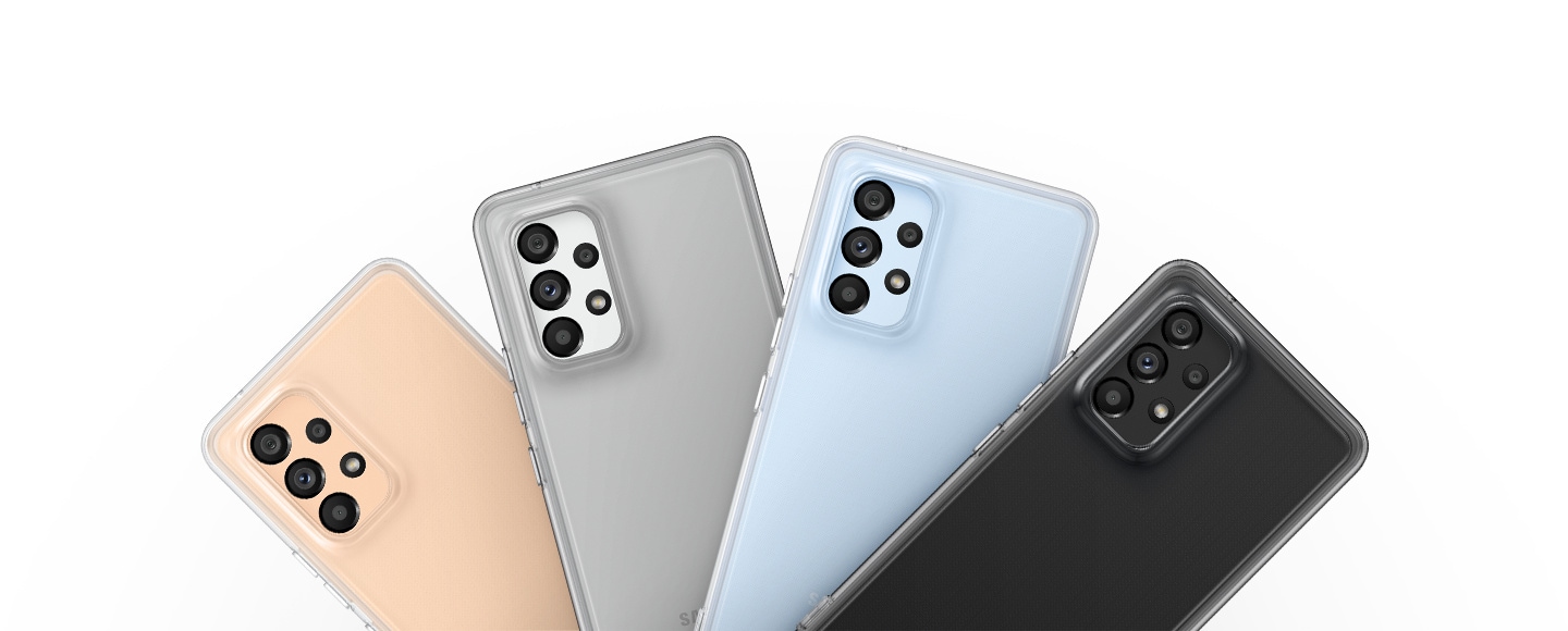 Four Galaxy A53 5G with Soft Clear Covers are spread out in order. From left to right, there is a Transparent Cover on a peach smartphone, a Black Tint Cover on a white smartphone, a Transparent Cover on a blue smartphone and a Black Tint Cover on a black smartphone.