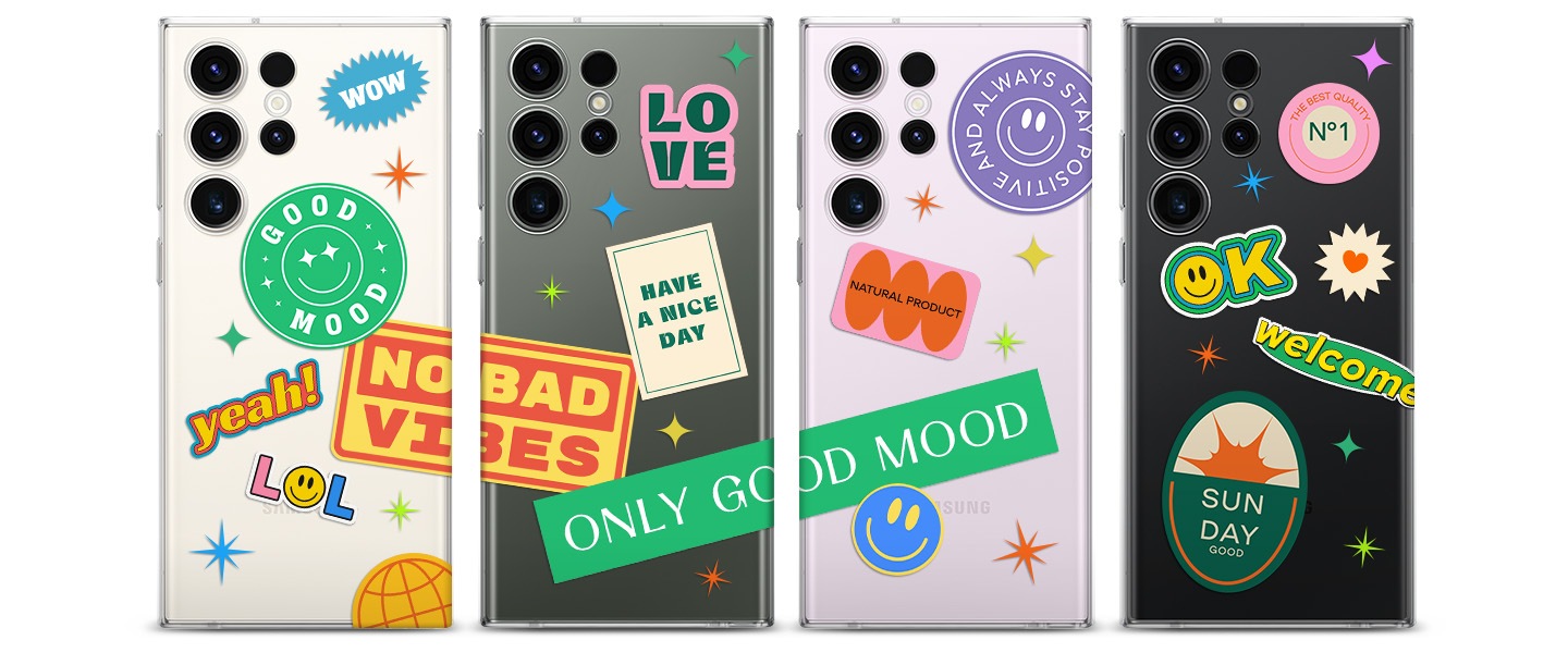 Back view of several Clear Cases are shown with a variety of different stickers added as fun decoration of the cases.