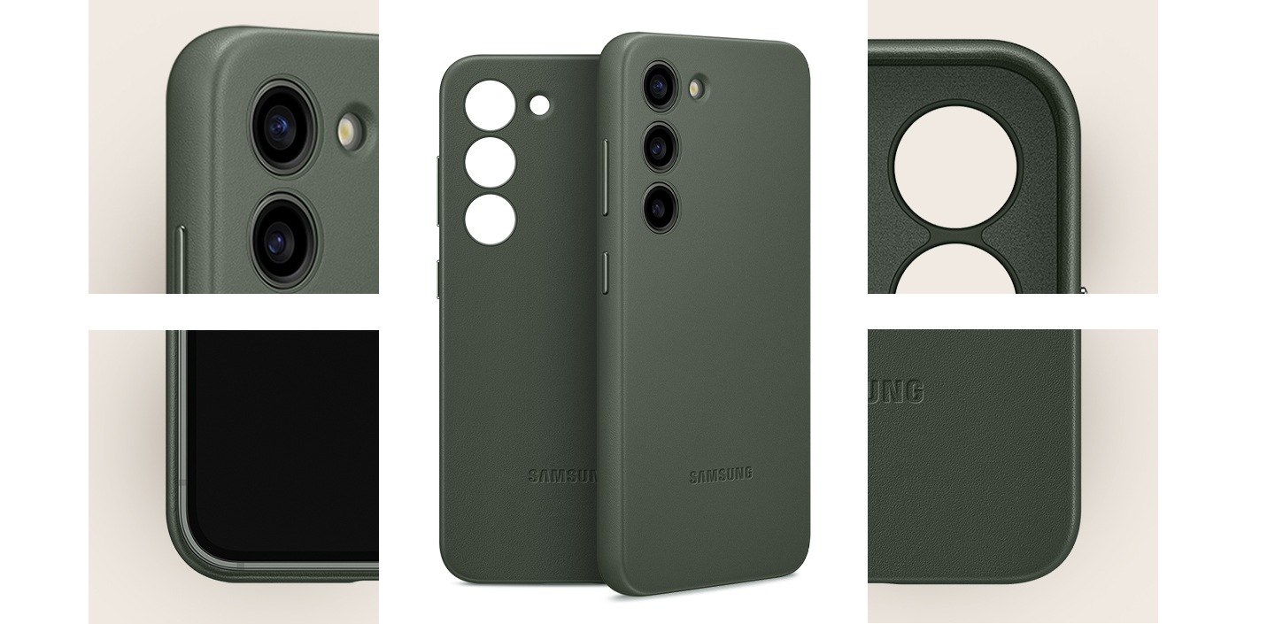 At the center are two leather cases seen from the rear. One of them is covering a Galaxy S23 device while the other is standing next to it by itself. Detailed zoom-ins of each edge of the Leather Case are surrounding the cases at the center.