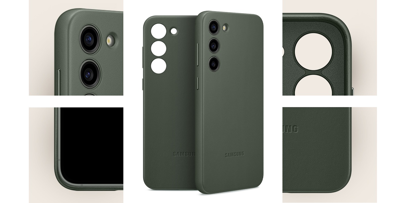 At the center are two leather cases seen from the rear. One of them is covering a Galaxy S23+ device while the other is standing next to it by itself. Detailed zoom-ins of each edge of the Leather Case are surrounding the cases at the center.