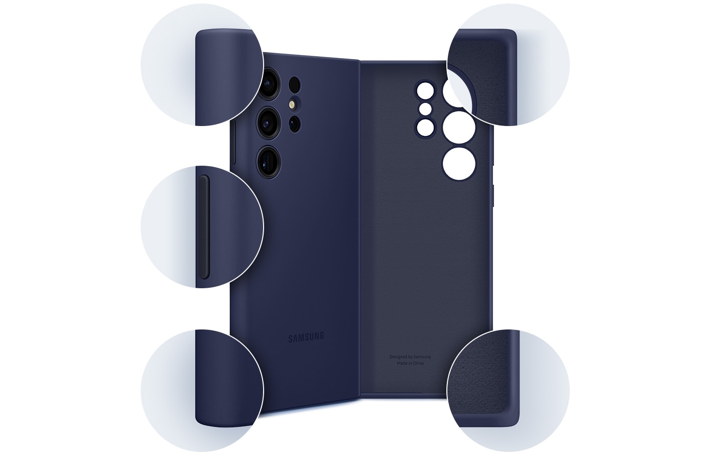 The front and back side of the Silicone case are shown with detailed zoom-in of the edges shown around them.