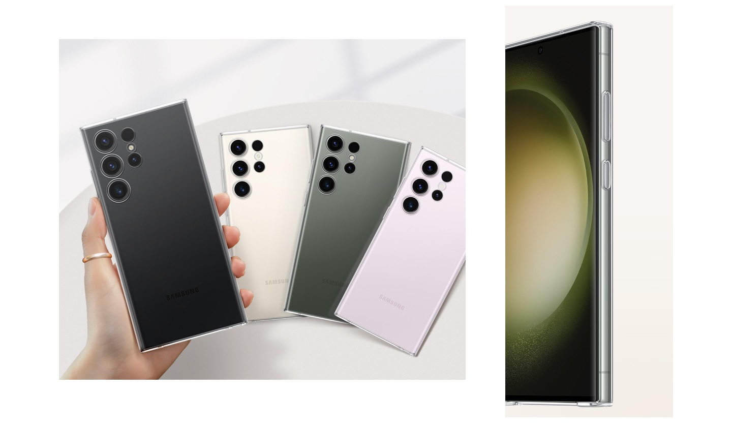 A hand is holding a Galaxy S23 Ultra device with the Clear Case installed next to three different colored versions of the device spread out in a fan shape. Tilted front view of the device wearing the Clear Case is shown.