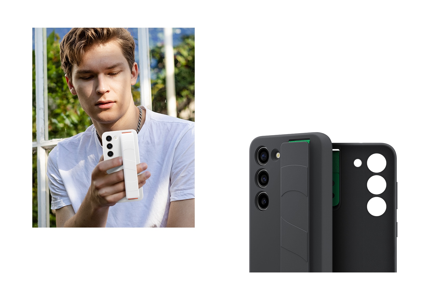 Un hombre sostiene un teléfono Galaxy S23 por detrás con los dedos debajo de una correa.  Se muestra un primer plano del interior y el exterior de la caja.