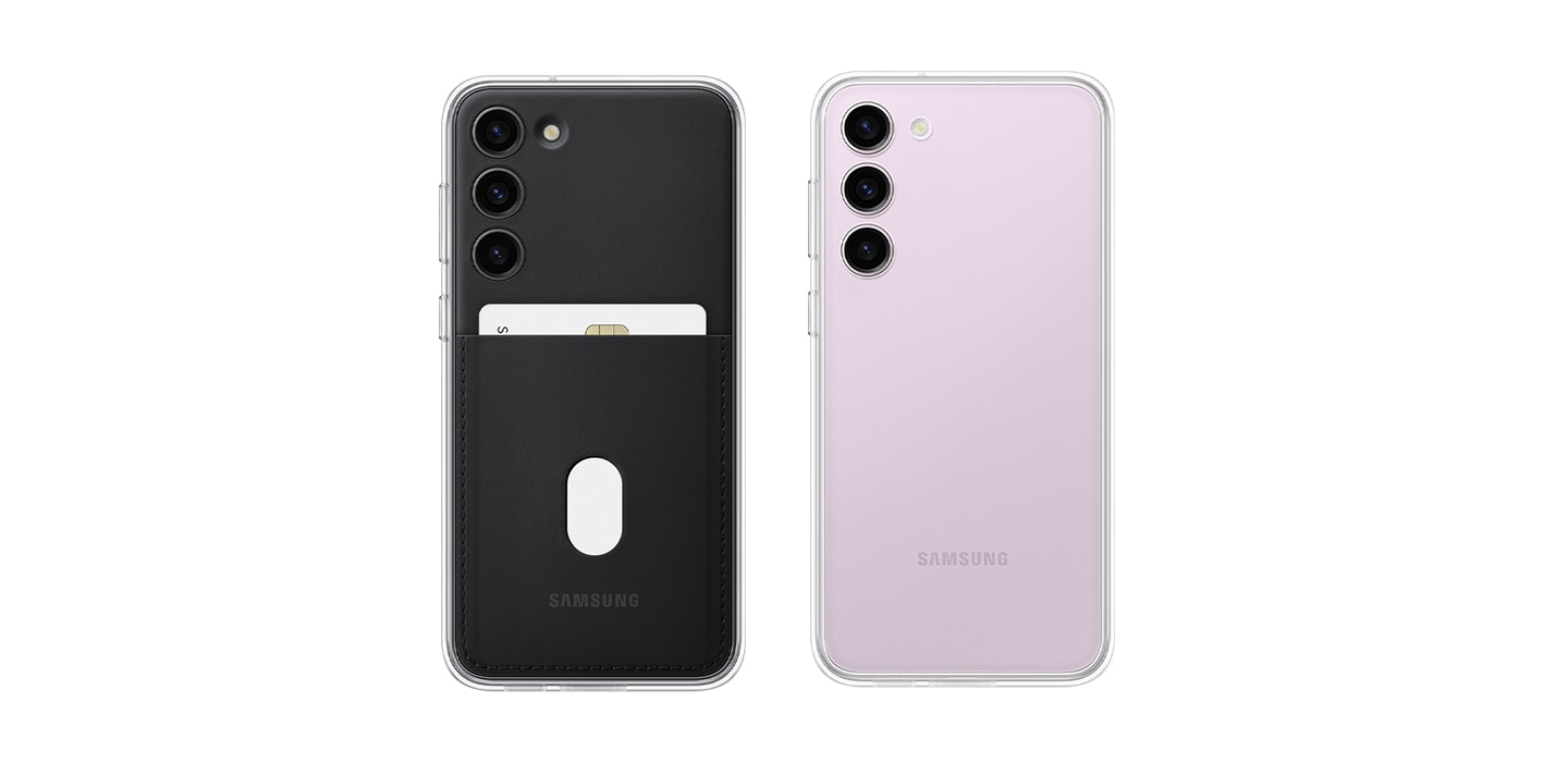 Deconstructed parts of two cases are shown on the left and right. They are composed of a Galaxy S23+ phone and a frame but the one on the left has a black backplate with a card slot while the other has a transparent backplate. The components of each case are assembled onto each device.