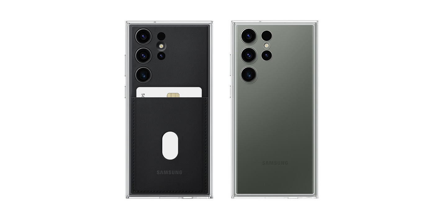 Deconstructed parts of two cases are shown on the left and right. They are composed of a Galaxy S23 Ultra phone and a frame but the one on the left has a black backplate with a card slot while the other has a transparent backplate. The components of each case are assembled onto each device.