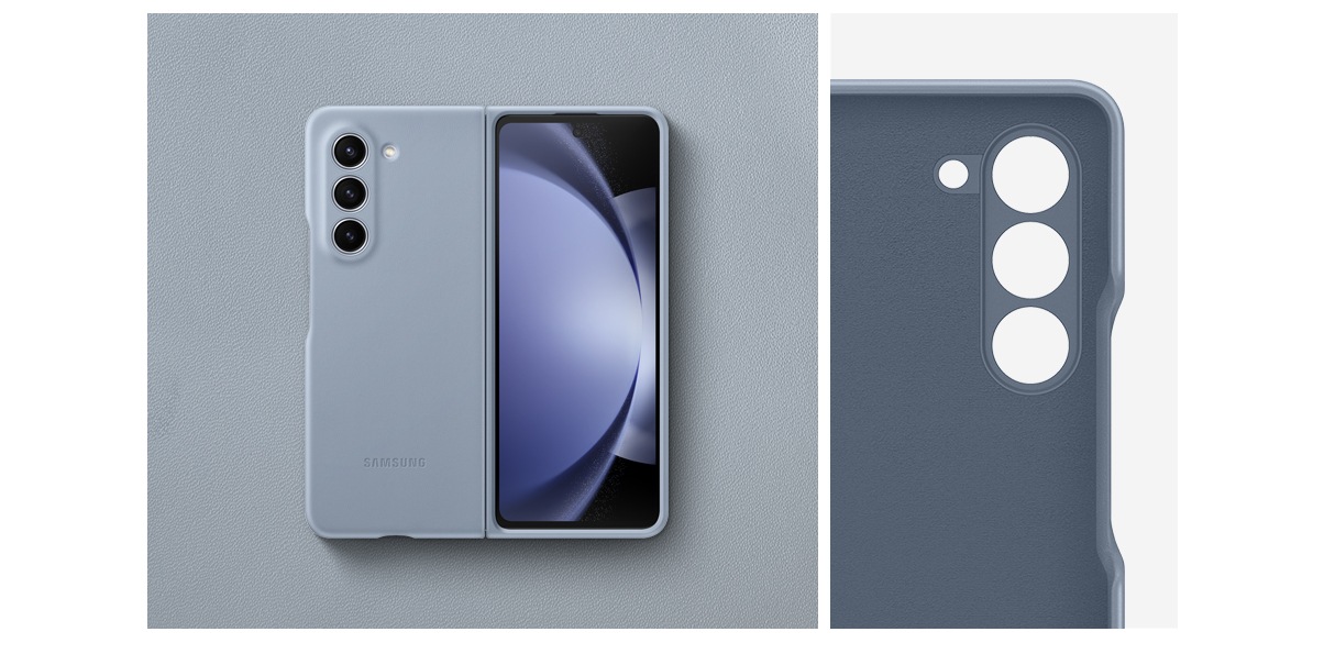 A back view of an unfolded Galaxy Z Fold5 covered with an Eco-Leather Case in icy blue. Next to it is a close-up of the case's camera hole.