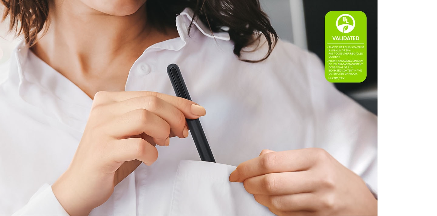 A woman is placing an S Pen Fold Edition conveniently into her shirt pocket, showcasing the pen's portability. The text reads PLASTIC OF POUCH CONTAINS A MINIMUM OF 20% POST-CONSUMER RECYCLED CONTENT. POUCH CONTAINS A MINIMUM OF 16% BIO-BASED CONTENT, CONSISTING OF 21% BIO-BASED CONTENT IN THE OUTER CASE OF POUCH. UL.COM/ECV