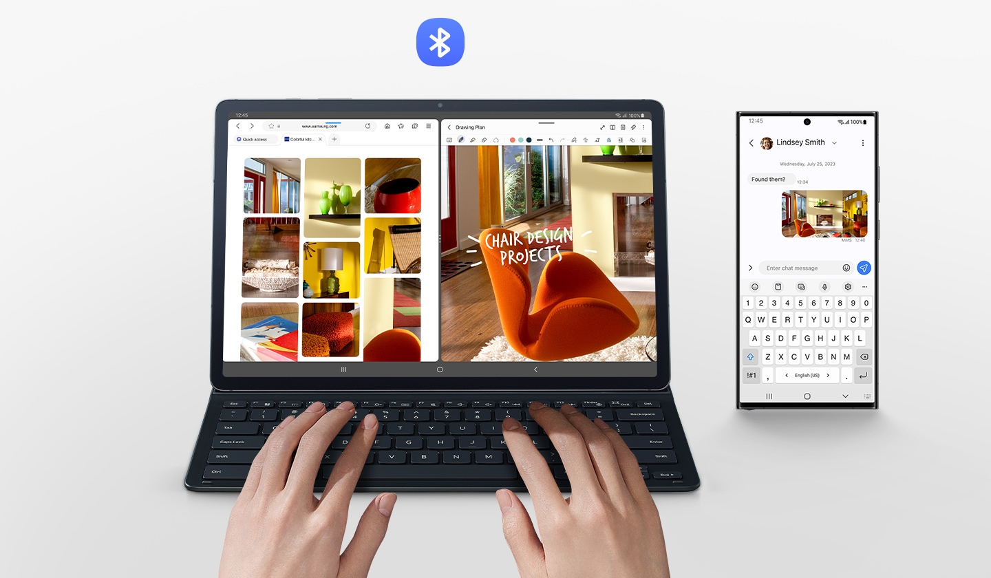 A person is using Galaxy Tab S9+ with the Book Cover Keyboard Slim. Its screen is divided into two windows with several image results of home furniture on the web, and one of the images being edited. A Galaxy smartphone with the image on the screen while letters are being typed with the cover's keyboard. Bluetooth logo is shown.