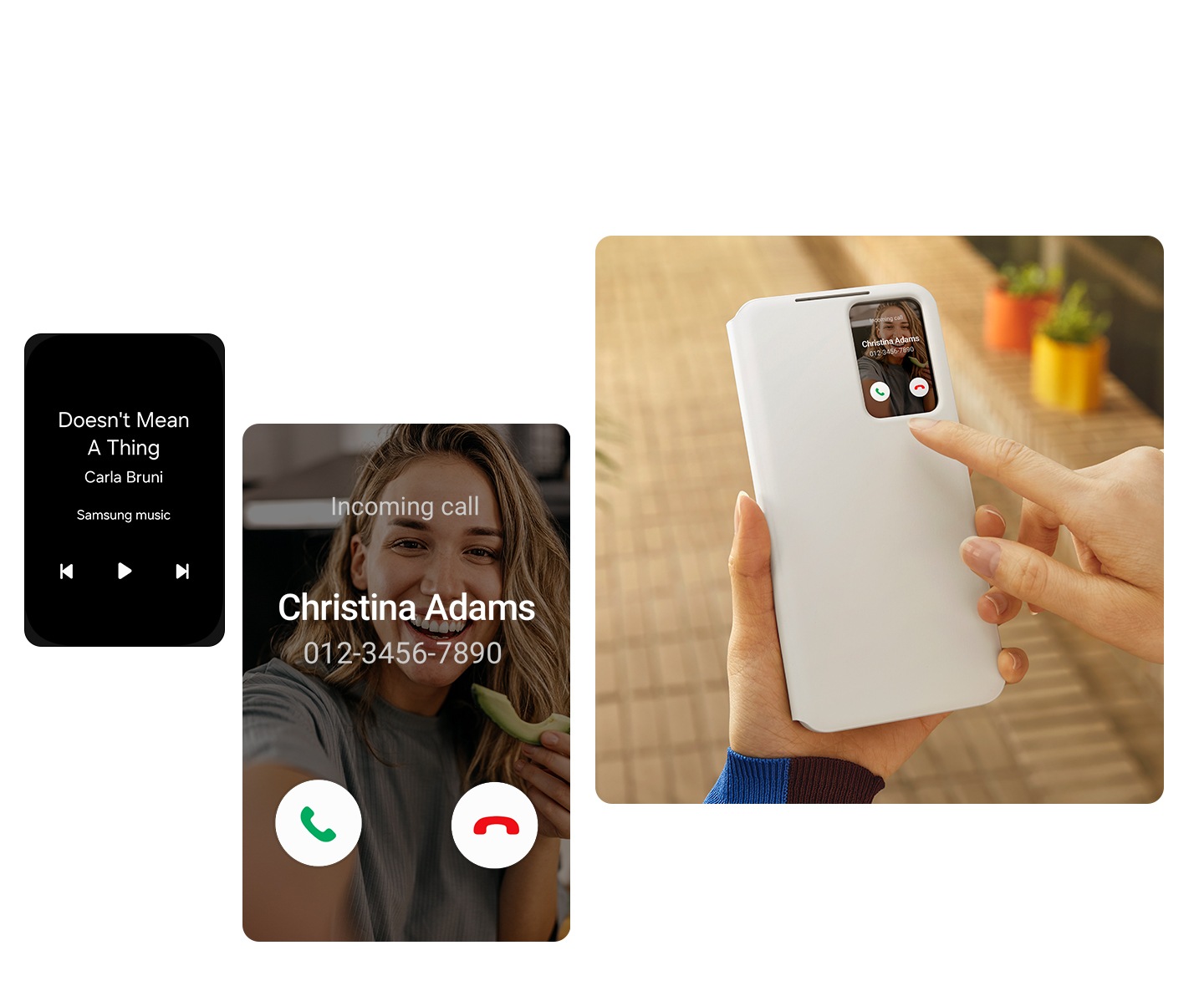 The S-View window on the left shows a music screen, next to it is the screen of an incoming call and on the right is a person interacting with the S-View window without the need to open the case.