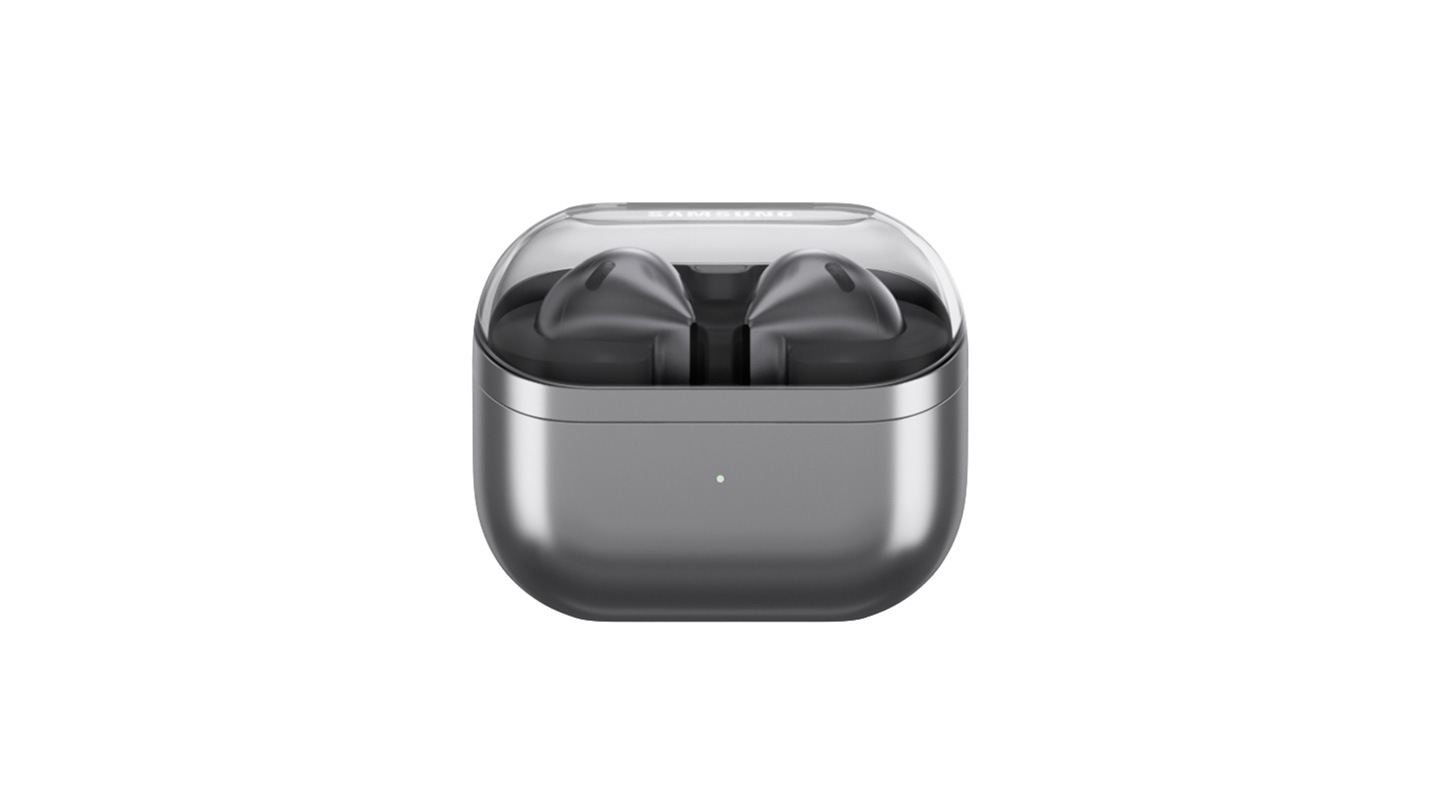 A pair of silver colored Galaxy Buds3 earbuds hover and circle around each other, then slowly slip into an open Galaxy Buds3 case.