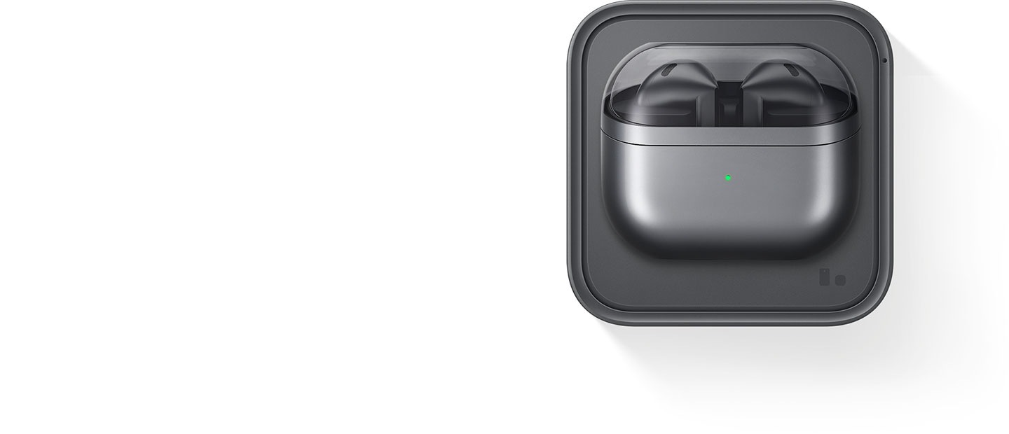 A new, unopened pair of Galaxy Buds3 in silver. Wireless Charging support