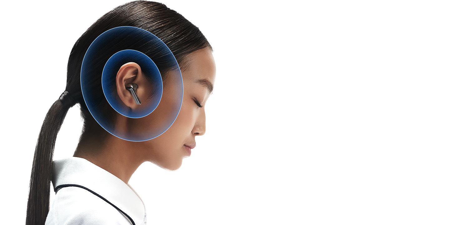 A woman using the Galaxy Buds3 in silver with a slight pixelation effect over the ear.