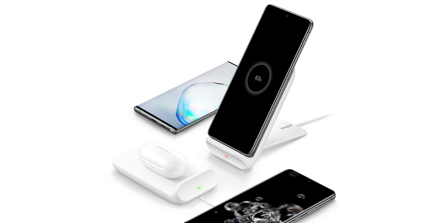Flat lay of two Wireless Charger Convertibles in white, one in pad mode and one in stand mode.