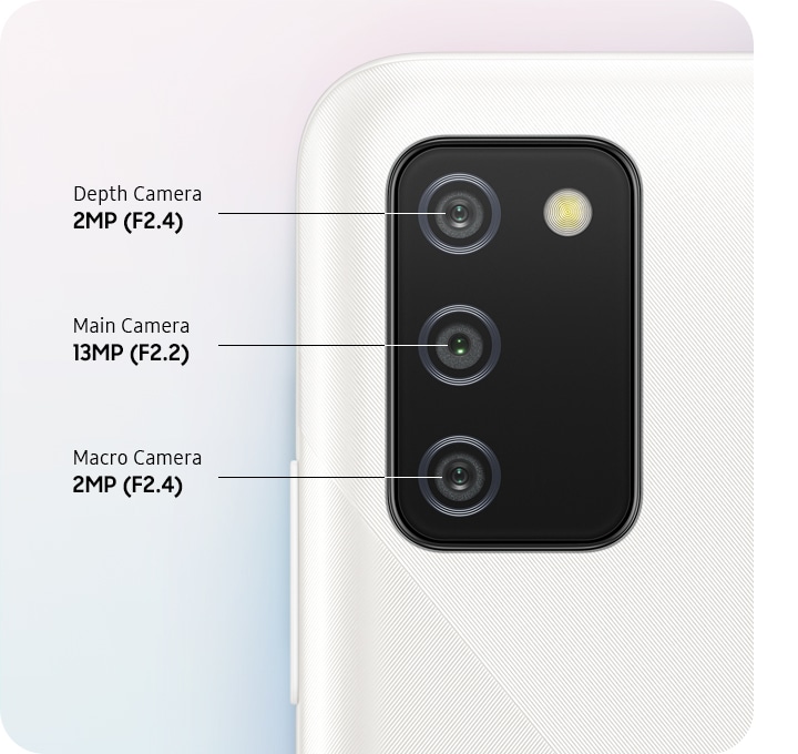 Vue arrière de dessus d'un appareil illustré avec 3 objectifs pour caméra principale 13MP, caméra de profondeur 2MP et caméra macro respectivement.