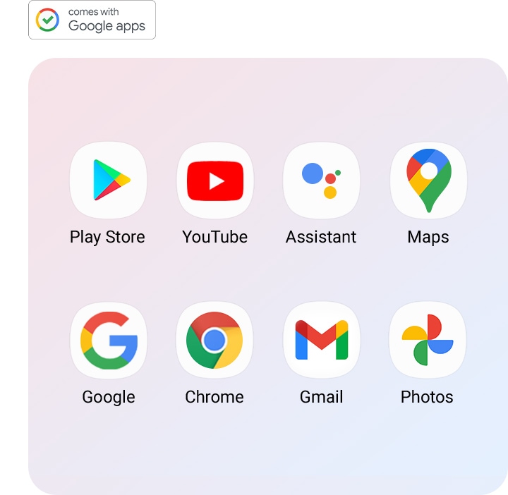 Отображаются приложения Google, установленные на Galaxy M62 (Play Store, YouTube, Assistant, Maps, Google, Chrome, Gmail, Photos).