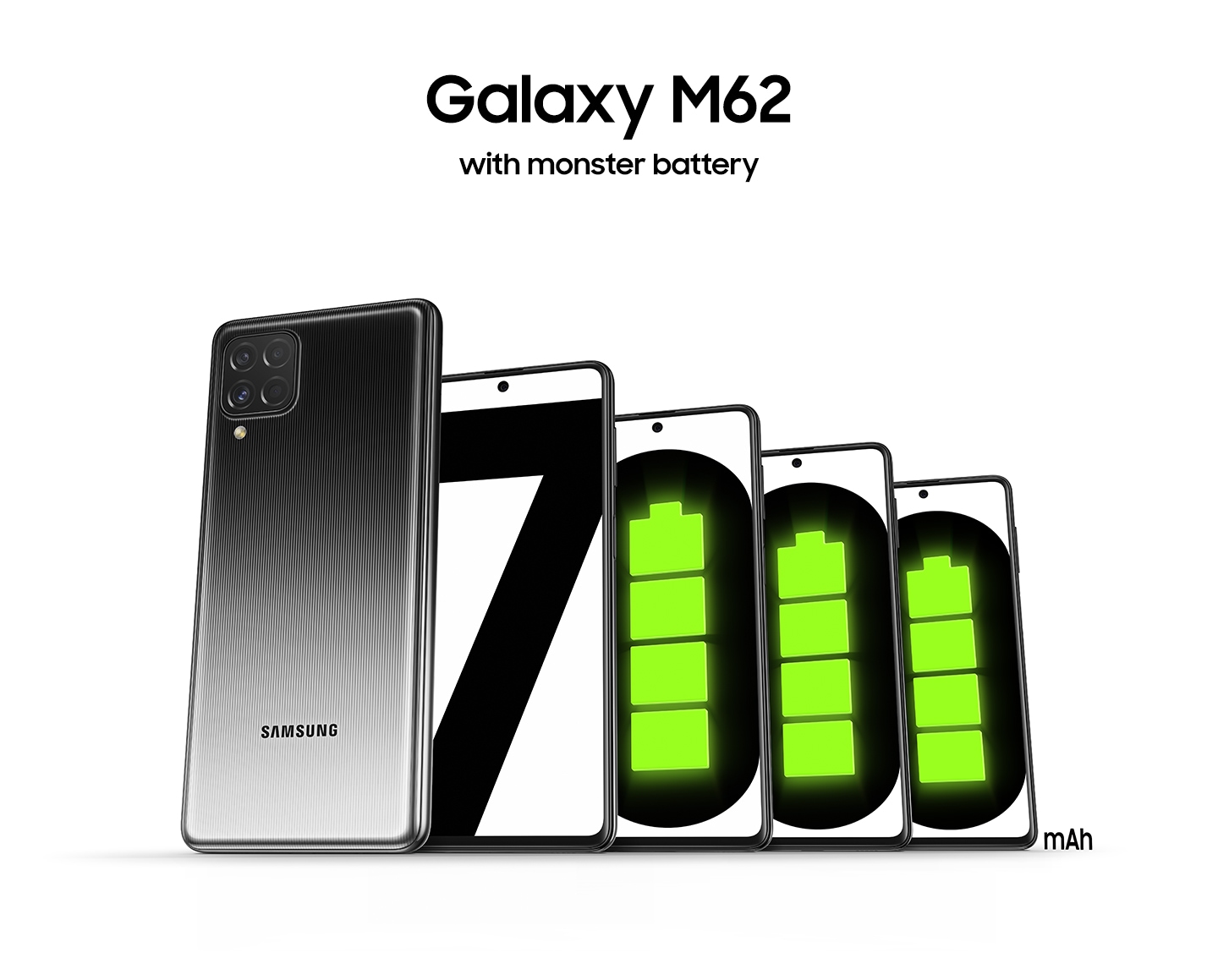 Vue arrière du Galaxy M62 noir et 4 vue de face des smartphones se tiennent côte à côte. Chacun des 4 écrans indique la lettre «7000», ce qui signifie que la batterie puissante de 7000 mAh est dans l'ordre, les icônes vertes de batterie pleine remplissent la lettre «0» de manière lumineuse. Le texte du titre «Galaxy M62 avec batterie monstre» est au-dessus de ceux-ci.