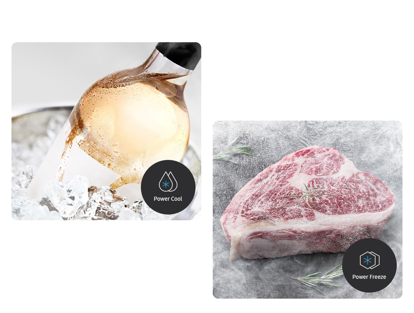 A bottle of white wine is being chilled in ice with Power Cool, and a steak is being frozen quickly with Power Freeze.
