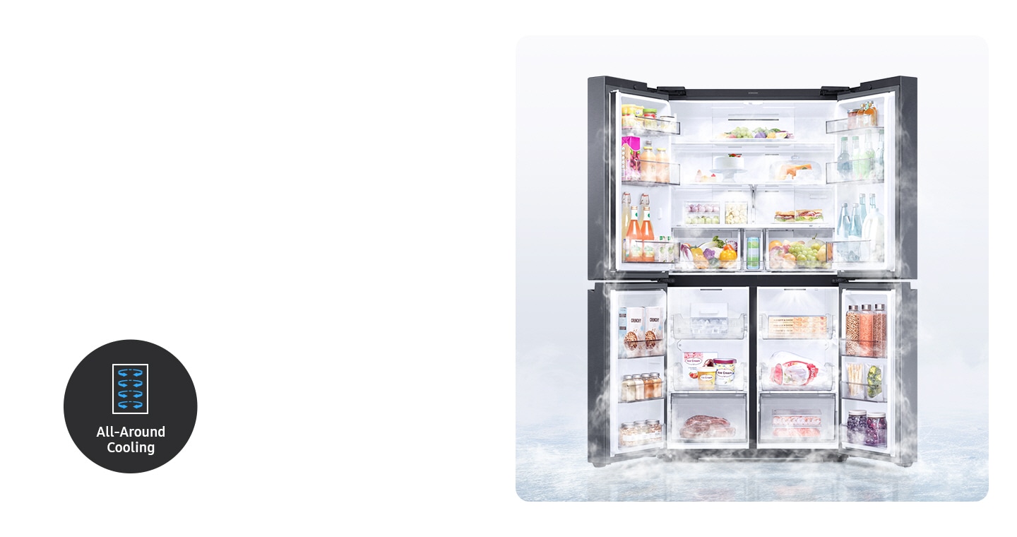 A 4-door fridge is wide open, with cold air circulating evenly around the organized food and beverage compartments.
