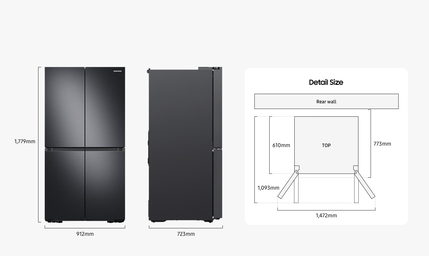 Size measurements: Height 1,779mm, width 912mm, depth 723mm, depth with doors open at a right angle 1,093mm, depth without doors 610mm, install depth 773mm, width with doors open 1,472mm.