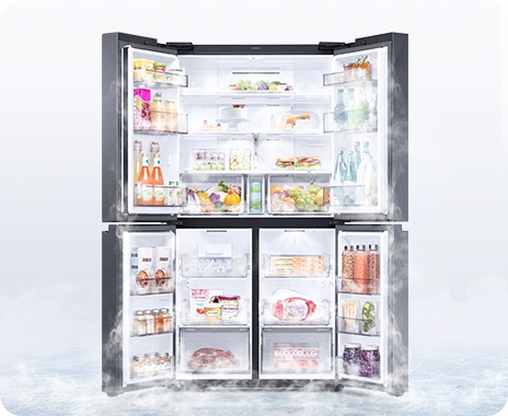 A 4-door fridge is wide open, with cold air circulating evenly around the organized food and beverage compartments.