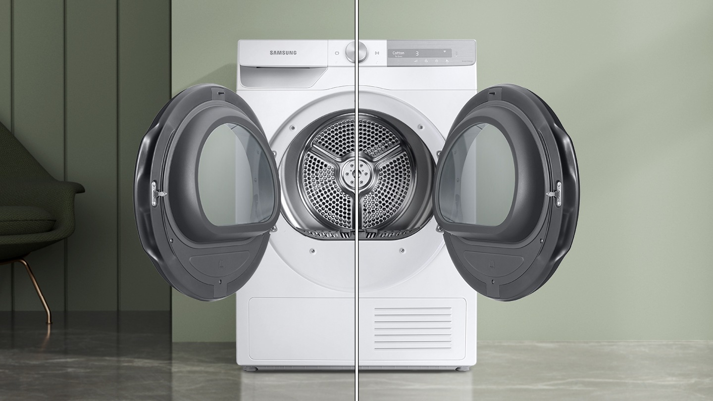 DV7000T dryer with doors opened to both sides shows the reversible feature at a glance.