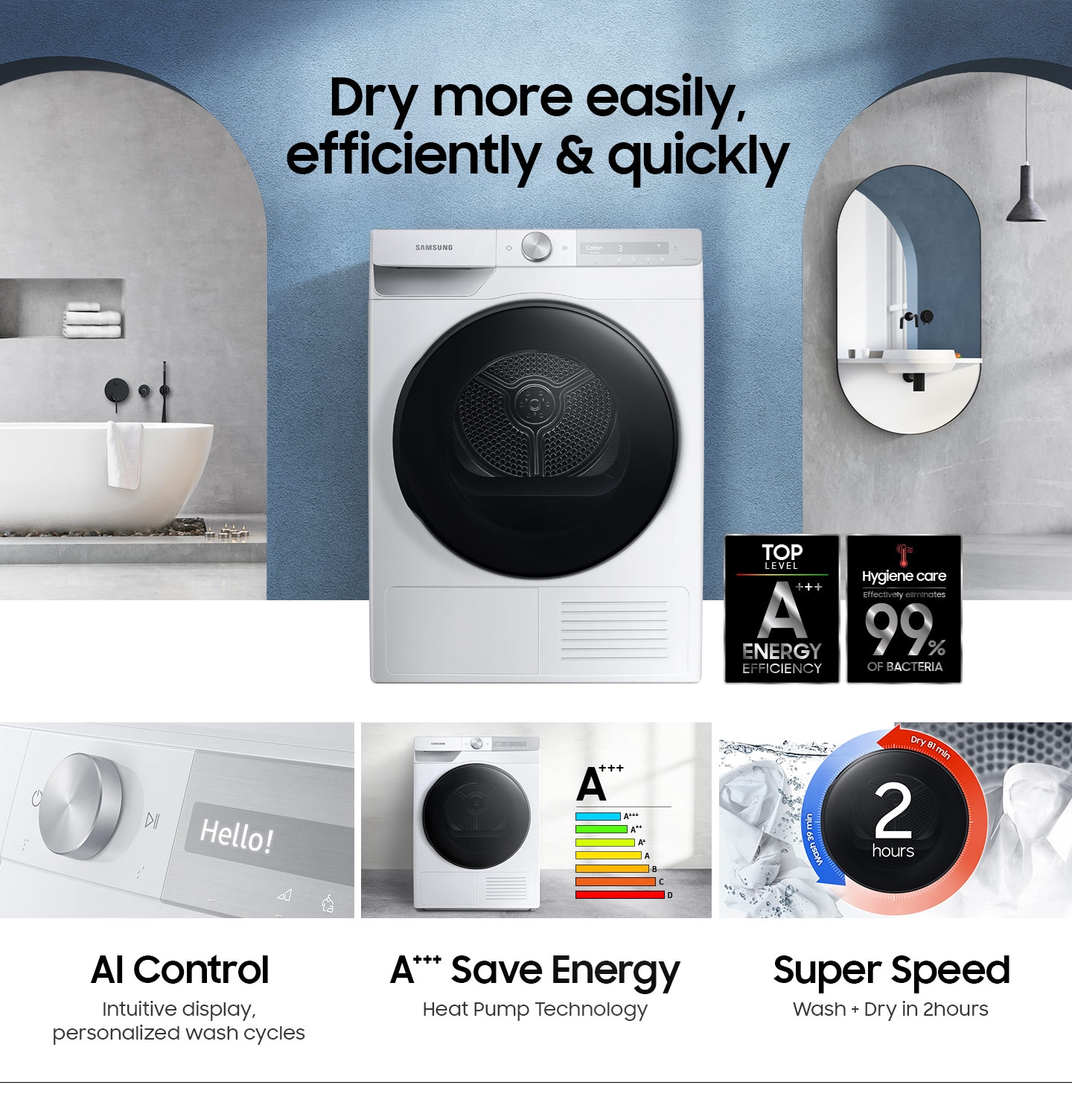 DV7000T is energy-efficient and 99% germ-free with AI Control, A+++ Save Energy, and Super Speed functions.