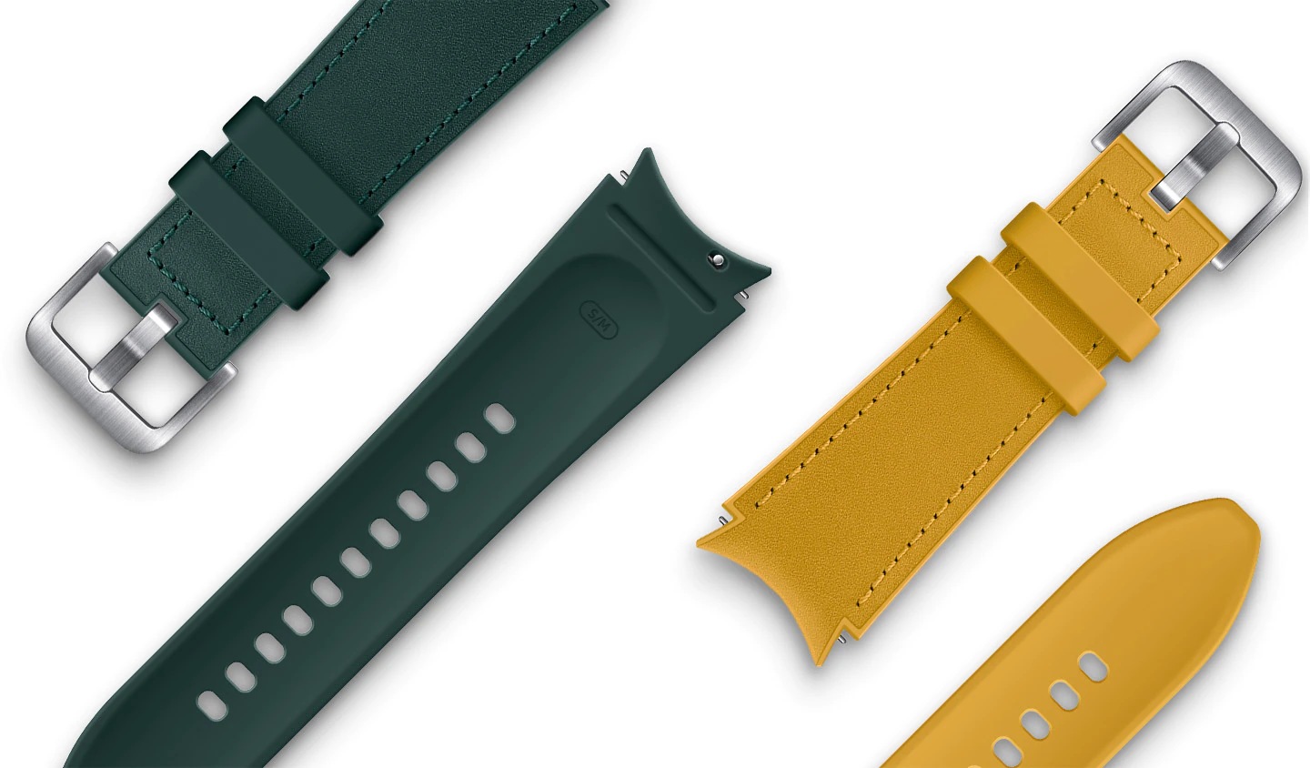 Two colors of Hybrid Leather Bands are placed diagonally and detached from the watch. On the left is a Green color band showing its outer leather material and inner fluoroelastomer material side by side. On the right is a Mustard color band also showing its outer leather material and inner fluoroelastomer material side by side.