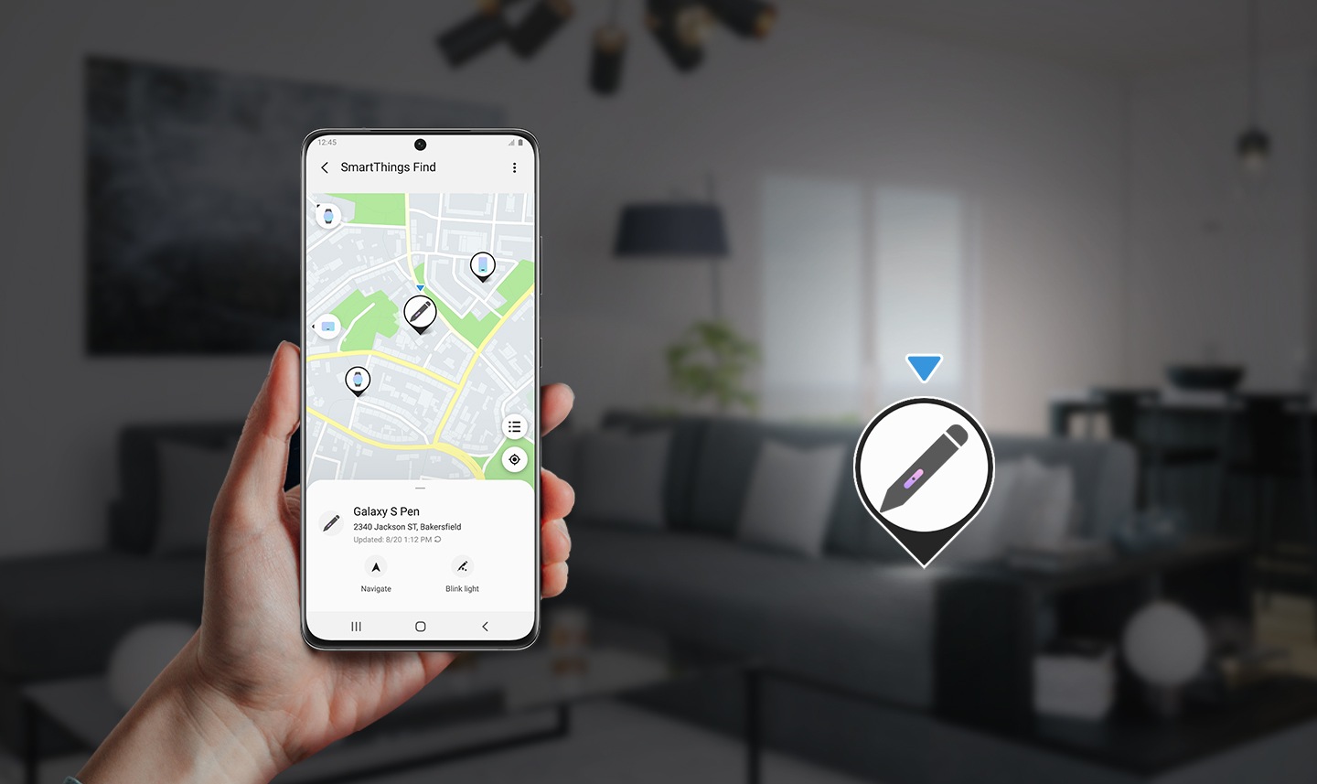 A hand holding a Galaxy smartphone and using SmartThings Find app to track down the S Pen Pro.