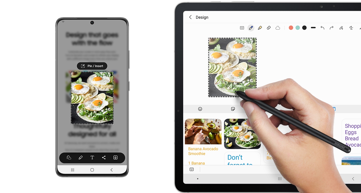 A Galaxy smartphone with a website on the screen, a Galaxy tablet and a hand holding S Pen Pro. The S Pen Pro is selecting a photo of an egg dish on plates on the tablet screen, and the same image is on the phone screen.