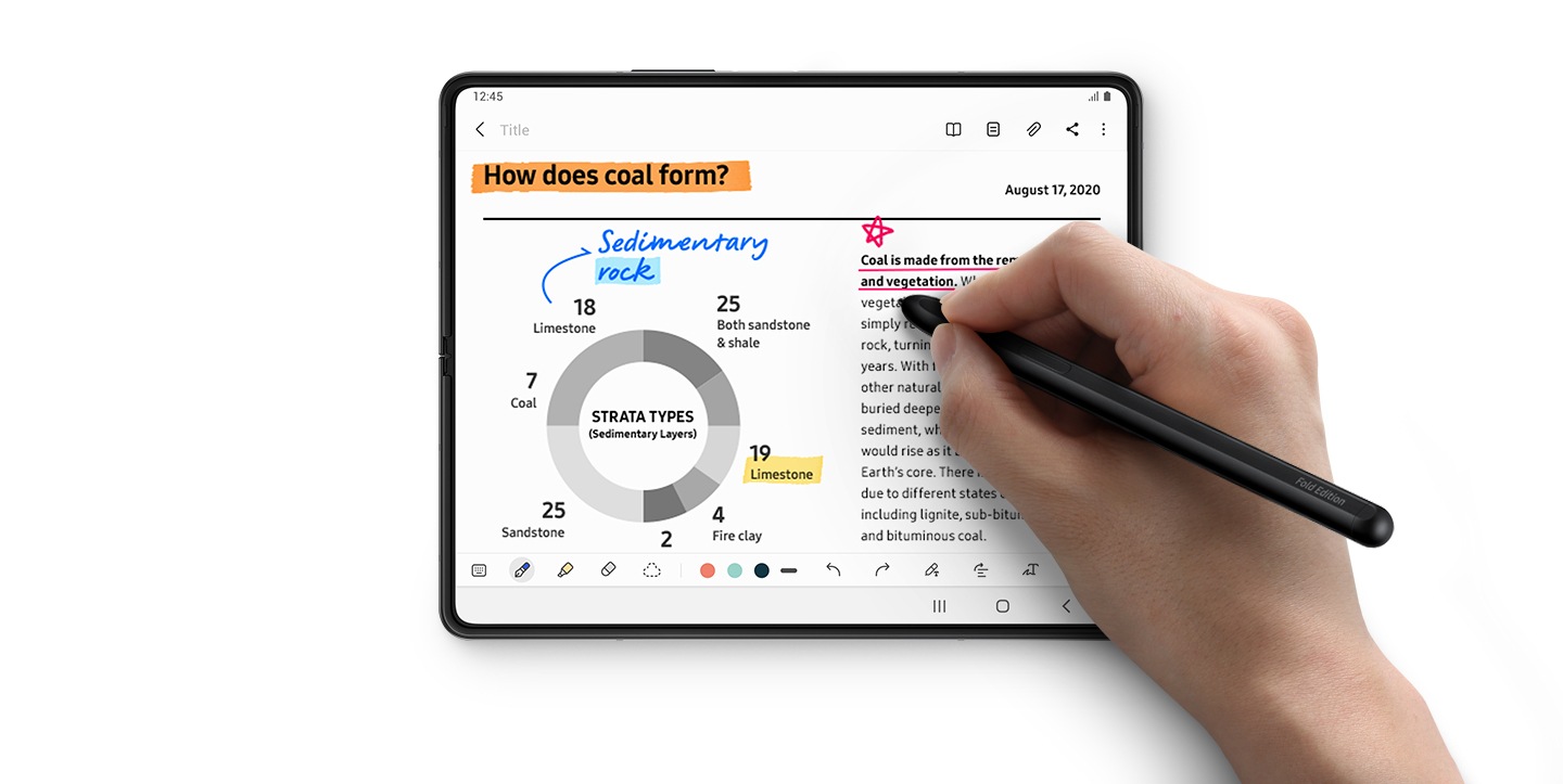 Galaxy Z Fold3 5G seen unfolded with Samsung Notes on the Main Screen. A graph and notes are pulled up, and a hand is using S Pen Fold Edition to underline the notes.