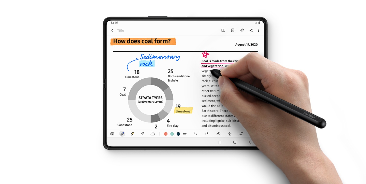 galaxy z fold3 5g seen unfolded with samsung notes on the main screen. a graph and notes are pulled up, and a hand is using s pen fold edition to underline the notes.