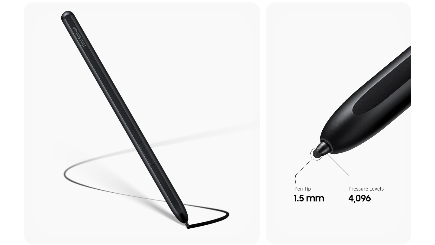 S Pen Fold Edition vẽ một đường màu đen.  Cận cảnh đầu bút của S Pen Fold Edition, đầu bút 1,5mm và mức lực nhấn 4.096.