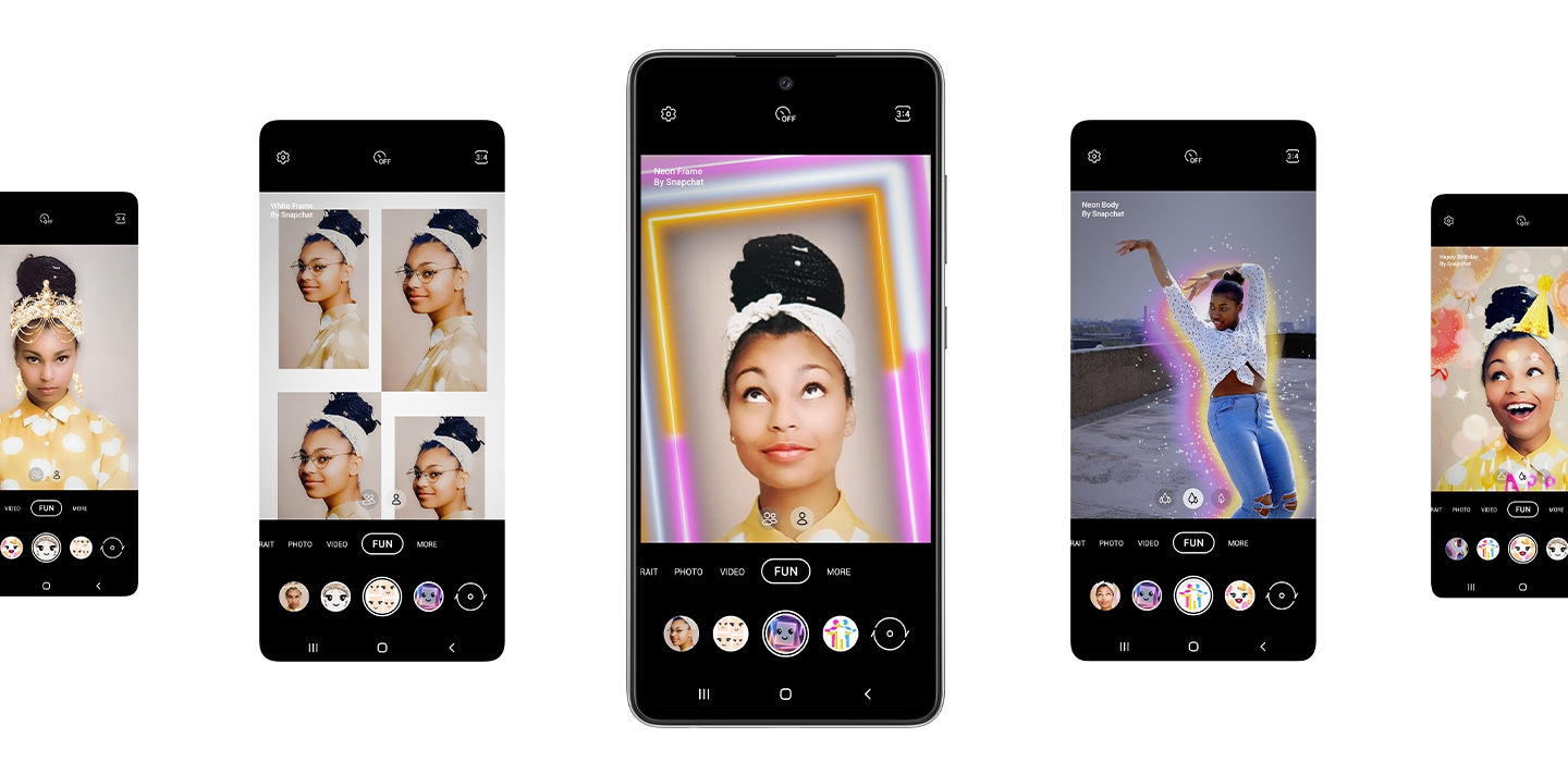 3. Galaxy A52s 5G seen from the front. On either side of the phone are four total representations of the screen. On each screen, the Fun mode option is selected in the Camera app, and shows the five different lenses available. From left is Golden Crown, White Frame, Neon Frame, Neon Body and Happy Birthday. In the phone in the center we see a woman taking a selfie and using the Snapchat lens Neon Frame, which surrounds her with a colorful, glowing neon frame.