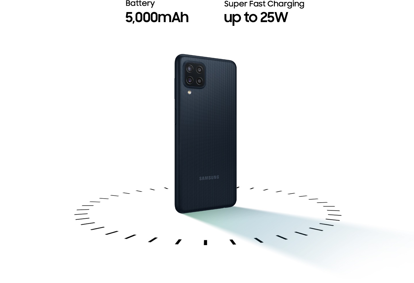 Galaxy M22 is standing with its back turned, surrounded by a dotted circle. Above are the words Battery 5,000mAh and Super Fast Charging 25W.