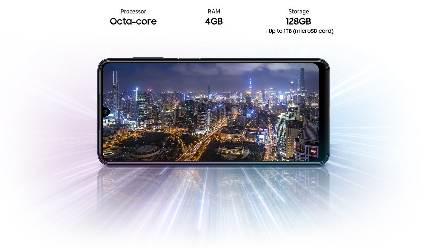 Galaxy M22 shows night city view, indicating device offers Octa-core processor, 4GB/6GB RAM, 64GB/128GB with up to 1TB-storage.