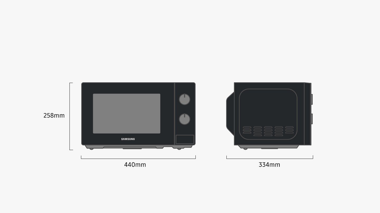 Dijagrami ističu dimenzije mikrovalne pećnice: visina = 258 mm, širina = 440 mm, dubina = 334 mm.