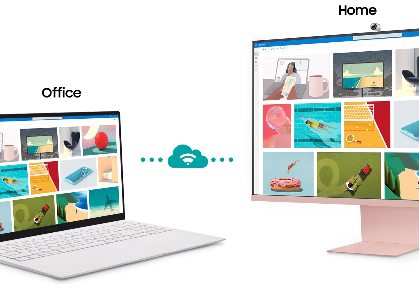 A monitor sits next to a laptop. Above the monitor, the word "Home" appears. Above the laptop the word "Office" appears. The laptop makes a connection with the monitor represented by a cloud icon. After connecting, the content shown on the laptop screen is mirrored on to the monitor screen.