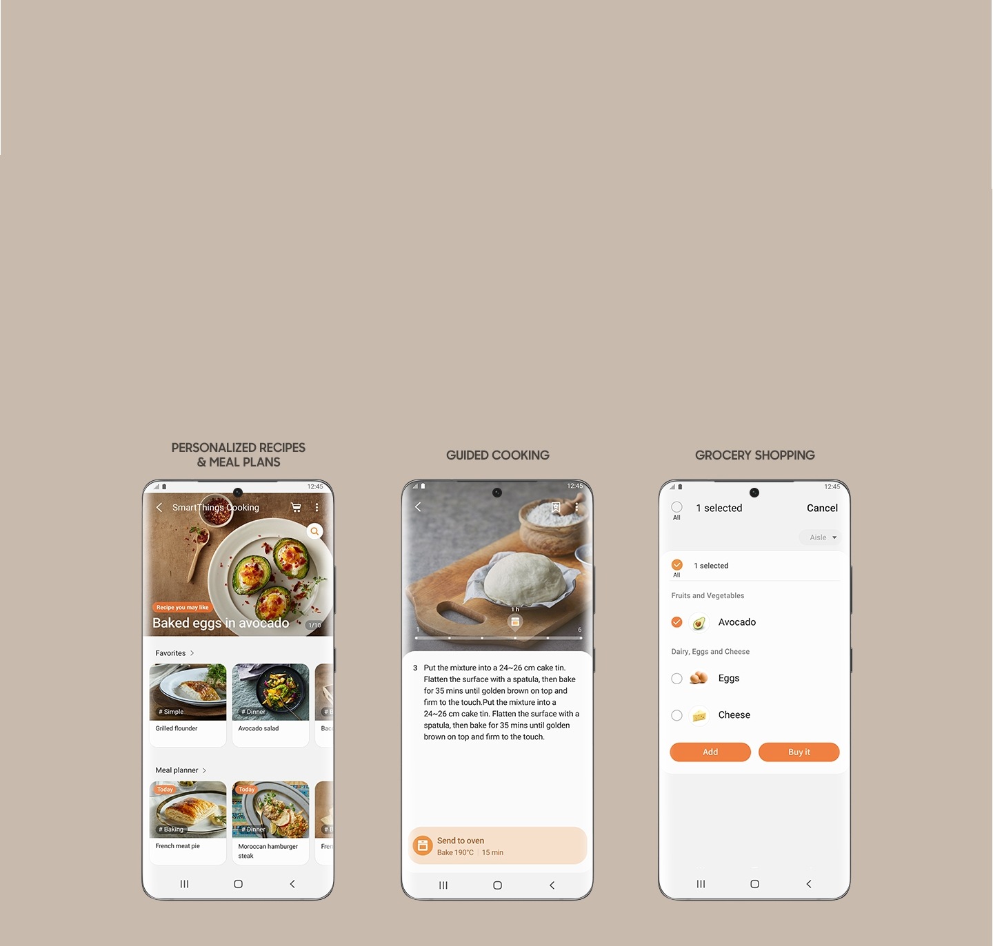 Shows 3 smartphone screens from the SmartThings Cooking app, which lets you access personalized recipes and meal plans, view guided cooking instructions and create a grocery shopping list to buy ingredients.