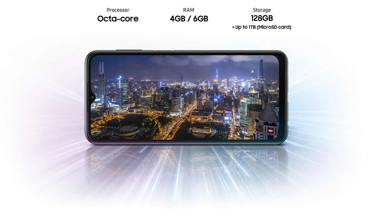 Galaxy A23 shows night city view, indicating device offers Octa-core processor, 4GB/6GB/8GB RAM, 64GB/128GB with up to 1TB-storage.