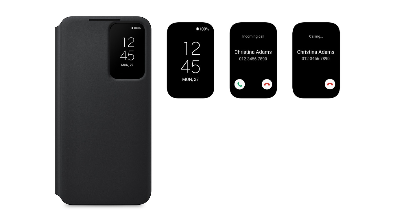 Galaxy S22 seen from the front with the Smart Clear View Cover installed and the front cover closed. To the side, six different window display options are shown.