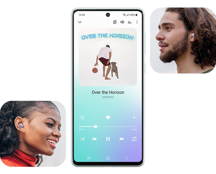 A Galaxy device is shown with a music app turned on and a song being played. To the right and left of the device, a man and a woman are shown wearing Galaxy Buds Pro devices to show that they are listening to the same song together.