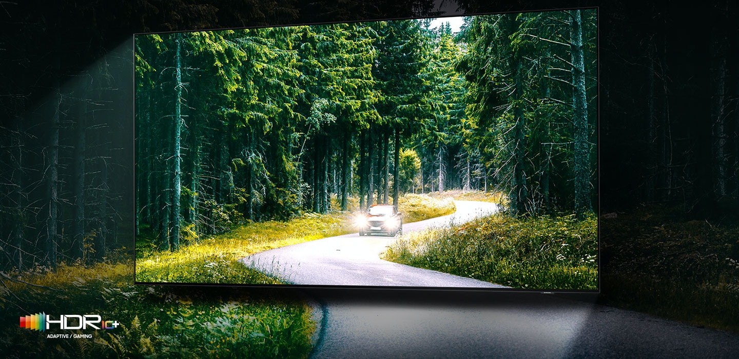 Автомобиль работает с включенным светом через густой зеленый лес на экране телевизора. QLED TV показывает точное представление ярких и темных цветов, ловя мелкие детали. Логотип HDR10+ ADAPTIVE/GAMING представлен на выставке.