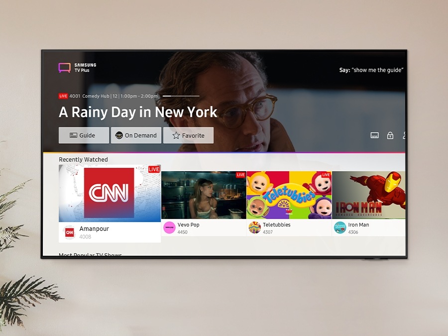 Samsung TV Plus user interface image shows various images of popular content.
