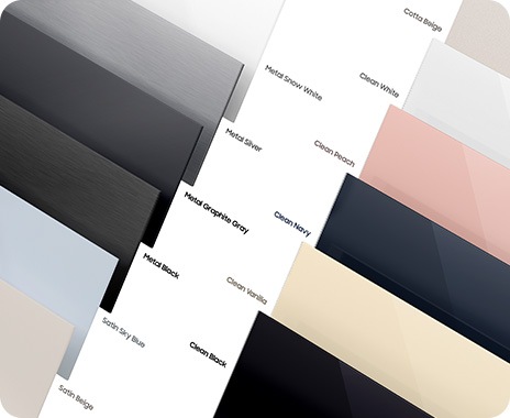 There are Satin Beige, Satin Sky Blue, Cotta Beige, Clean White, Clean Peach, Clean Navy, Clean Vanilla, Clean Black, Metal Snow White, Metal Silver, Metal Graphite Gray, Metal Black Bespoke panels.