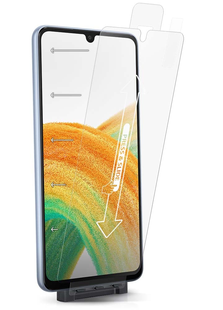 To highlight easy installation, the Tempered Glass Screen Protector is connected at the bottom of the phone but tilted at an angle off of the applicator so it’s not completely connected to the top of the Galaxy A33 5G. The Tempered Glass Screen Protector would just need to be pushed at the top to perfectly fit on the phone.