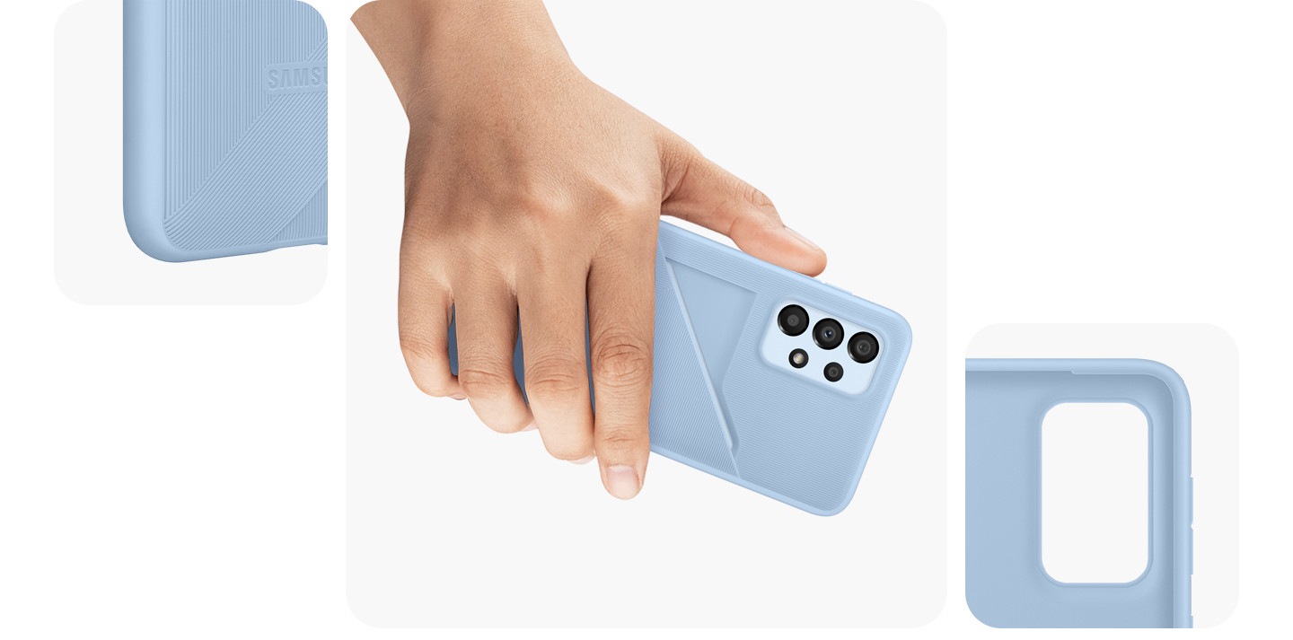 A detailed zoom-in of the Card Slot Cover in Arctic Blue is shown. A hand is comfortably holding a Galaxy device wearing an Arctic Blue Card Slot Cover.