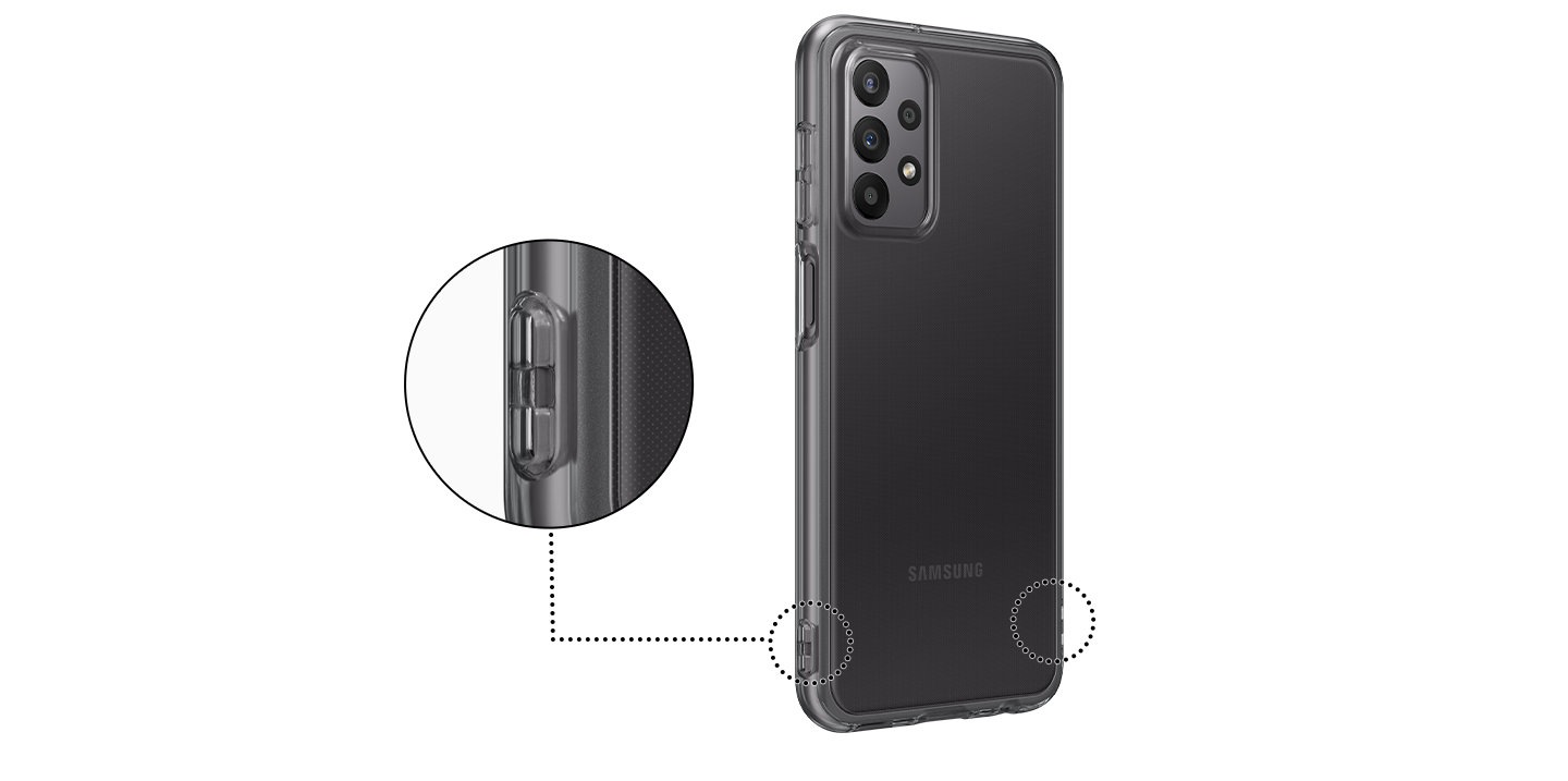 Se muestra un dispositivo Galaxy A23 negro con una funda transparente suave. Una imagen ampliada detallada muestra las correas ubicadas a ambos lados de la mitad inferior de la caja.