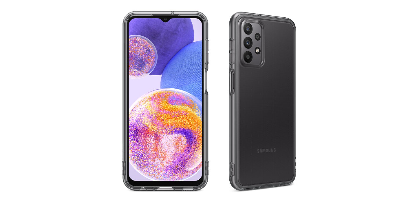 Un teléfono inteligente negro con una cubierta de tinte negro se destaca en el frente a la izquierda y se muestra inclinado hacia atrás a la derecha.