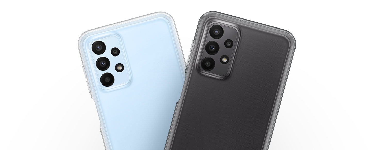 Dos Galaxy A23 con Soft Clear Covers están distribuidos en orden. De izquierda a derecha, hay una cubierta transparente en un teléfono inteligente azul y una cubierta de tinte negro en un teléfono inteligente negro.