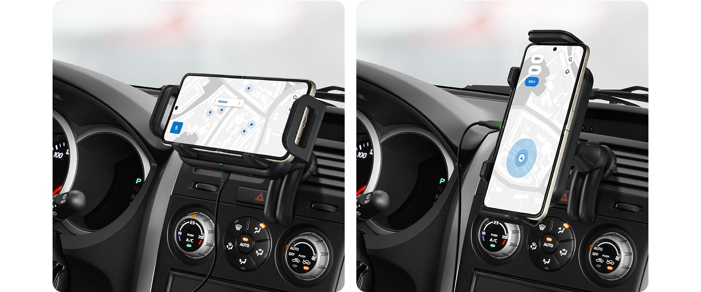 Two smartphones are mounted horizontally and vertically to the wireless car charger respectively. Both have a navigation app open.